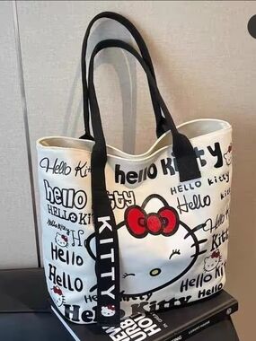Hello Kitty White Canvas Tote with Black Straps and Red Bow Accent